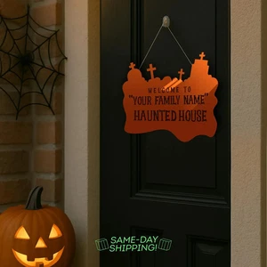 Personalized Haunted House Acrylic Sign Trick or Treat Halloween Door Decor BLK - Picture 1 of 21