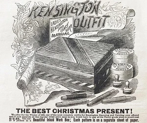 KENSINGTON Needlework Patterns Stamping Outfit Xmas Gift Box Vtg 1887 Print Ad++ - Picture 1 of 8