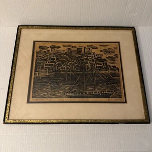 Vintage Woodcut Print “Acapulco Bay” Signed Mid-Century Mexican Art Framed - Picture 1 of 11