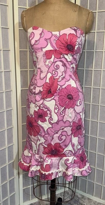 Tibi VINTAGE Preppy Pink Y2K Halter Abstract Floral Sleeveless Mini Dress Size 4 - Image 1 of 4
