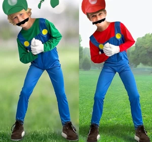 Super Brothers Costume For Kids Plumber Outfit With Hat Mustache Gloves Accessor - Picture 1 of 10