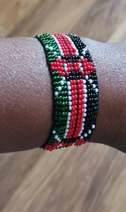 Elastic Kenya Bracelet, Flag Beaded Bracelet, Unisex Bangle Band Fine Beads Wide - Picture 1 of 4