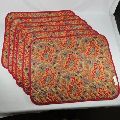 Paule Marrot Editions Placemats Set of 6 Burgundy Red Gold Teal Leaf Fall France - Image 1 of 4