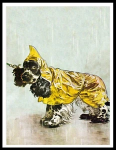 COCKER SPANIEL WEARS MAC IN THE RAIN COMIC VINTAGE STYLE DOG ART PRINT POSTER - Picture 1 of 1