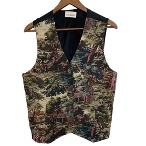 Vintage Tapestry Vest Womens Large Green Brown Pastoral Country 90s Waistcoat - Picture 1 of 10