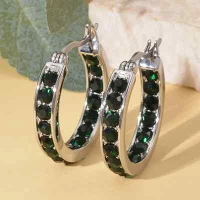 Pendientes de aro de cristal austriaco verde oscuro de adentro hacia afuera en acero inoxidable 316 NUEVO Foto 1 de 4