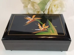 Vintage Japanese black Floral Inlaid Jewelry Box Melody "Times Fly Lullaby" - Picture 1 of 7