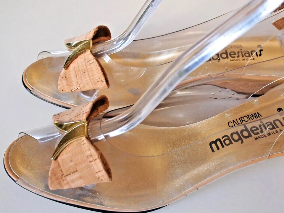 复古 MAGDESIANS 软木透明露背鞋带金色蝴蝶结 8 1/2 M — 第 1/4 张图片