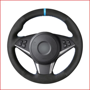Black Suede Light Blue Marker Steering Wheel Cover for BMW E60 530d 545i 550 E61 - Picture 1 of 5