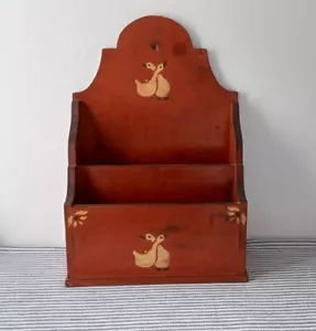 Vintage Painted Duck Storage Rack Red Wood Wall Mounted Magazines Letters Books - Picture 1 of 12