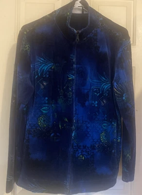 Spa от Chico's полный молнии бархата куртка женщин sz 2 (США L) синий цветочный принт Artsy - Изображение 1 из 4
