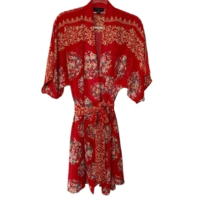 Jones New York Womens Sz S/M Red Crescent Blooms Short Robe NEW Belted - Image 1 of 4