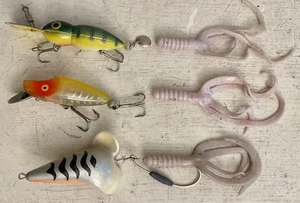 3 Stück Vintage Angelköder Whopper Stopper Hellbender Mr Twister Top Prop River Runt - Bild 1 von 7