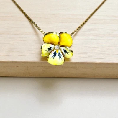 Vintage 18k Yellow Gold Enamel Pansy Flower Diamond Pendant Necklace - Image 1 of 4