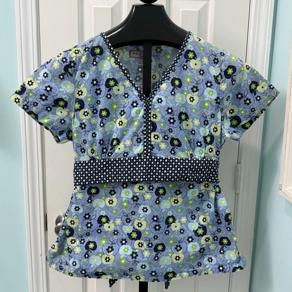 Koi Women's Size Large Madison Blue Green Apples Tie Back Scrub Top Style 109PR - Image 1 of 4