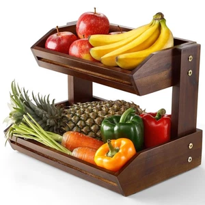 Acacia 2 Tier Fruit Basket for Kitchen Counter Organizer – Wooden Fruit Bowl ... - Picture 1 of 7