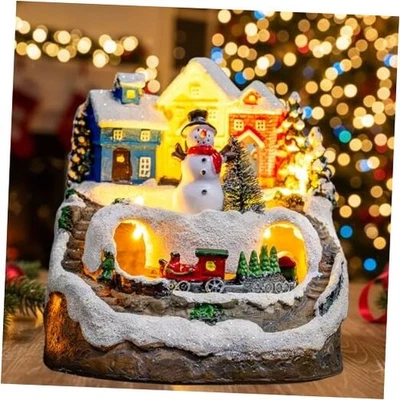 Animado Musical Navidad Muñeco de Nieve Casas de Pueblo con Tren de Montañas Nieve D Foto 1 de 4