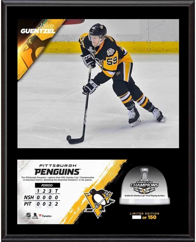Jake Guentzel Penguins '17 Stanley Cup Champs 12x15 Plaque & Used Ice Cover
