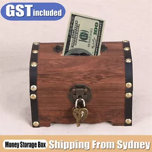Wooden Treasure Chest Retro Money Storage Box Case Coin Piggy Bank Organizer AUS - Picture 1 of 12