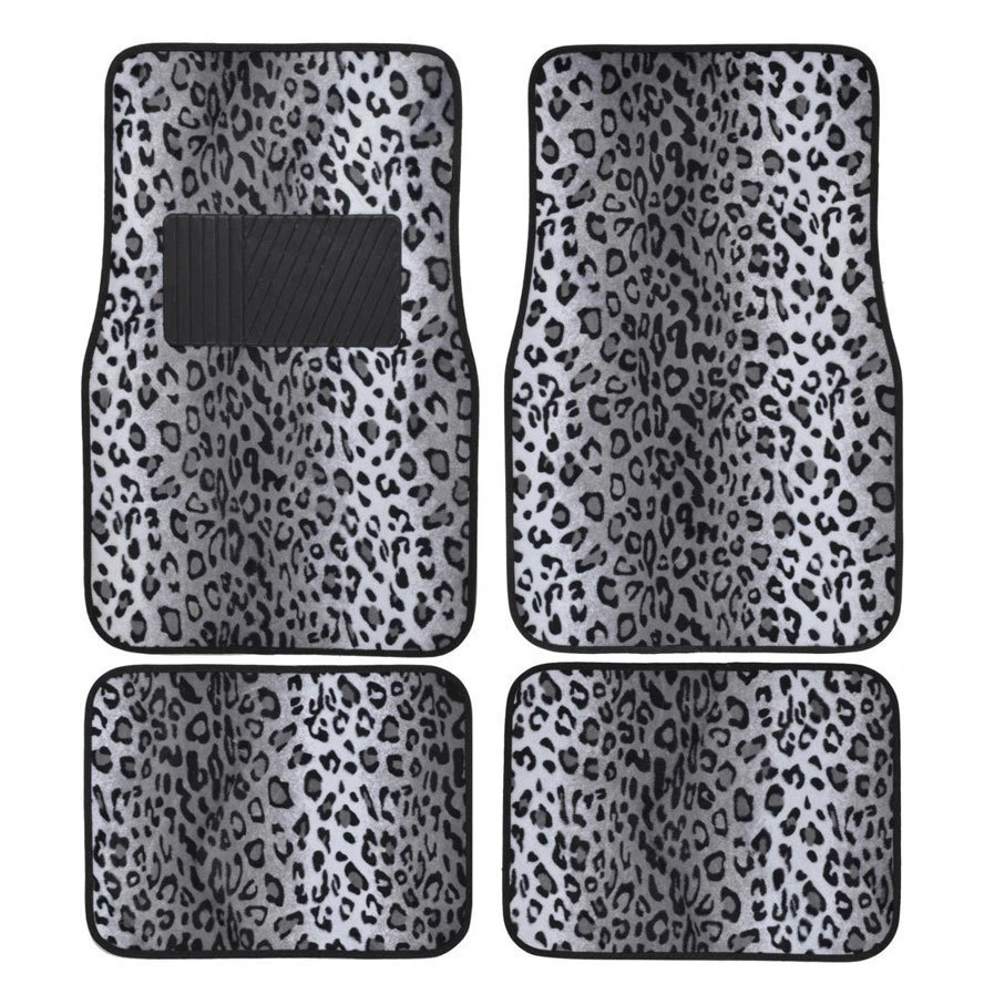 Gray Leopard Print Car Truck SUV Front Rear Premium Carpet Floor Mats 4pc Set — 第 1/2 张图片