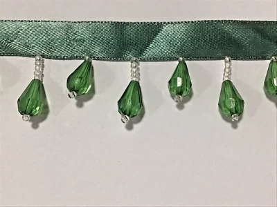 3.1 yards upholstry lamp shade trim 1 1/4 " wide green beads on satin ribbon Foto 1 de 4