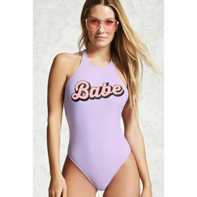FOREVER 21 цельный купальник бледно фиолетовый beach BABE печати racerback новый размер L - Изображение 1 из 4