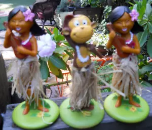CLASSIC SET OF 3 HULA GIRL & MONK CERAMIC DASHBOARD-SHAKERS 5-1/4" TALL NO LABEL - Picture 1 of 4