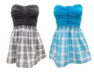 Women Sweetheart Strapless Plaid Tunic Top Blouse Stretch Fit Casual Preppy Cute - Picture 1 of 8