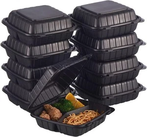 8X8 3-Fach 50er Pack Kunststoff Klappschale Lebensmittelschalen zum Mitnehmen Schwer Schwarz - Bild 1 von 3