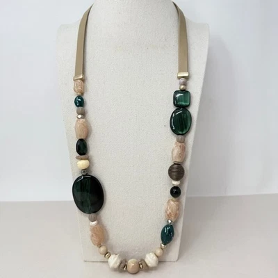 Chicos Chunky Long Necklace Statement Leather Boho Green Southwest - Image 1 of 4