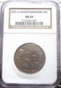 1991-D Mount Rushmore Commemorative Half Dollar NGC MS69. - Picture 1 of 2