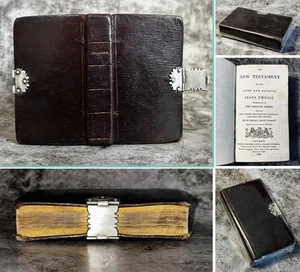 Antique 1818 Miniature Old Pocket Bible New Testament Leather Silver Clasp - Imagen 1 de 13