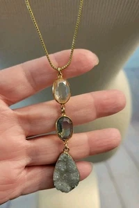 Druzy Stone Glass Pendant Necklace Adjustable Goldtone Grey - Picture 1 of 7