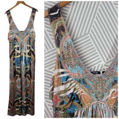 Vintage Y2K Tank Dress XL Stretch Studded Collar Romantic Maxi Long Geometric  - Image 1 of 4