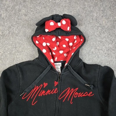 Disney Parks Minnie Mouse Hoodie Womens L Black Red Polka Dot Bow Zip Hearts - Image 1 of 4
