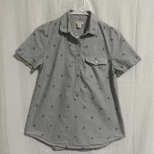 J. Crew Women's Blouse Short Sleeve Button Front Embroidered Anchors XS - Picture 1 of 7