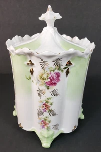 Antique Germany Saxe Altenburg Medium Canister Footed Green Floral Lid Porcelain - Picture 1 of 14
