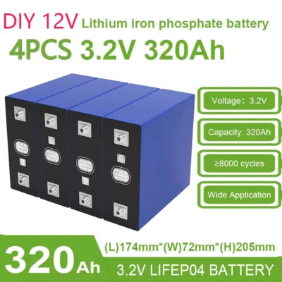 4X LiFePo4 Batterie Cells 3.2V 320Ah Rechargeable DIY 12V Battery For Solar Home - Image 1 of 4