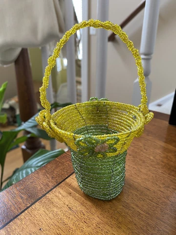 Vintage Mini Beaded Easter Basket Spring flowers Green Yellow applied Flowers Cover