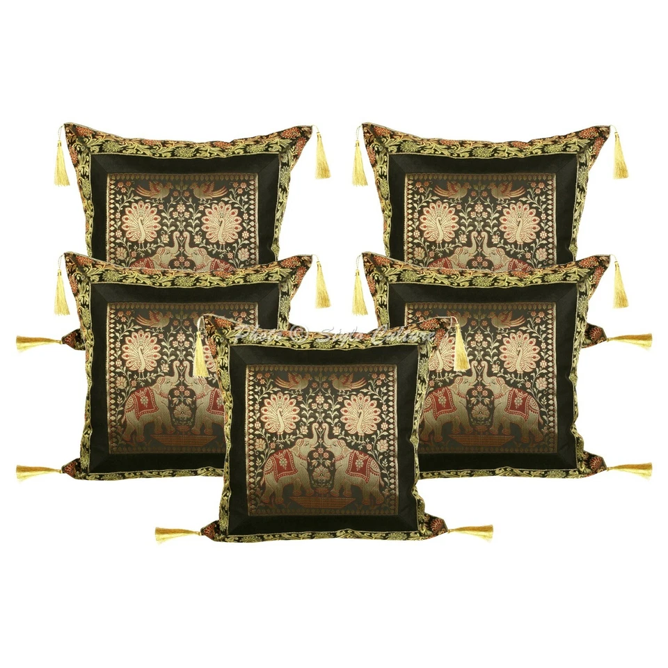 Ethnic Cushion Cover Brocade Jacquard 45 x 45 cm Hippie Sofa Car Pillow Case - Image 1 of 4