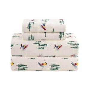 MAINSTAYS 4-Piece Flannel Sheet Set ~ Skiers/Pine Trees Design ~ Full Size