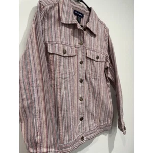 Vtg Y2K Denim & Co Jacket Medium Red Striped Collared Lightweight Denim Buttons - Picture 1 of 6