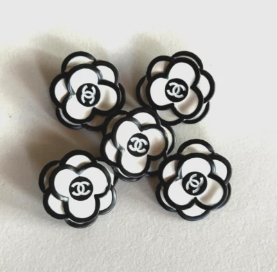 CHANEL Camellia Flower Vintage White and Black Metal Buttons  30 mm (Set of 5) - Image 1 of 4