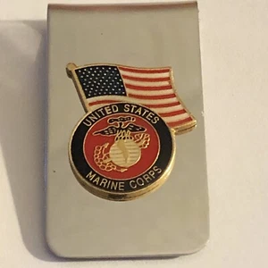USMC UNITED STATES MARINE CORPS ON US FLAG MONEY CLIP Silver Chrome New Gift Bag - Picture 1 of 5