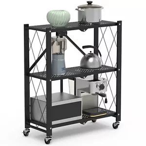 Collapsible 3-Tier Metal Rack Storage Shelves with Wheels Kitchen Organizer NEW - Picture 1 of 14