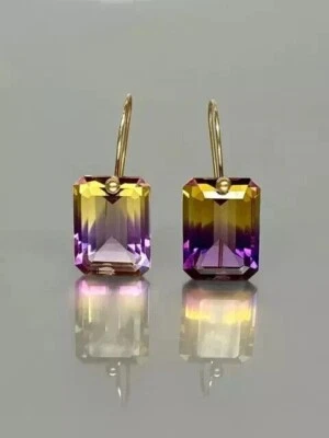 3Ct Emerald Cut Lab Created Ametrine Drop Dangle Earrings 14K Yellow Gold Plated - Image 1 of 4