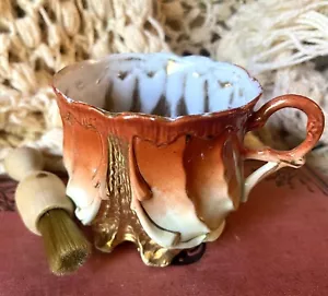 Antique German Porcelain Shaving Mug Metallic Gold Orange Curtain Handled 731 - Picture 1 of 8