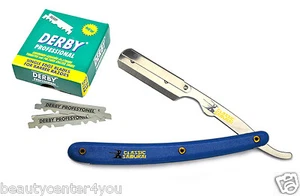CS101 Stainless Steel Straight Edge Barber Razor Blue Handle + 100 Derby Blades - Picture 1 of 6