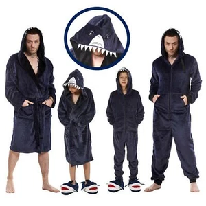 Mens/Kids Snuggle Fleece Dressing Gown/Onesee Novelty Shark Hood Matching Mini - Picture 1 of 21