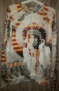 Double Needle All Over Native American Girl Fleece Lined Crew Sweatshirt SZ M - Picture 1 of 4